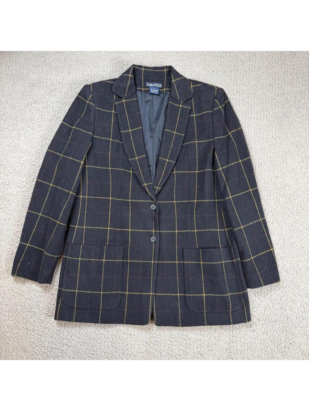 Vintage 90s Nautica Women’s Wool Windowpane Plaid Blazer Size 10 Navy Preppy